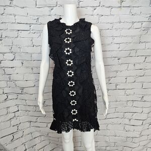 Anna Sui Black And White Ruffle Lace Dress